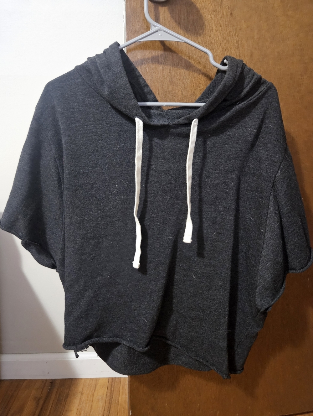Colsie Dark Gray Hooded Short Sleeve Sweatshirt Loose Sleeves Size L